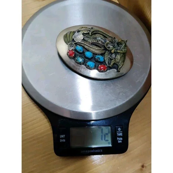 VINTAGE NAVAJO HANDMADE CORAL TURQUOISE Bear Feather SILVER BELT BUCKLE - Picture 5 of 7